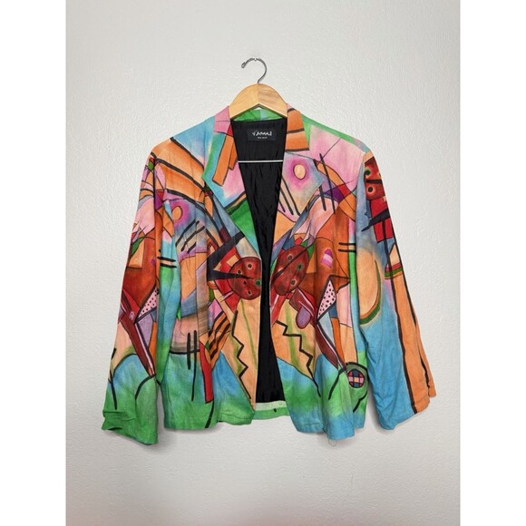 Vtg 90s Dilemma Dhun Schroff 100% Silk Abstract Cubism Art Wear Open Blazer OS